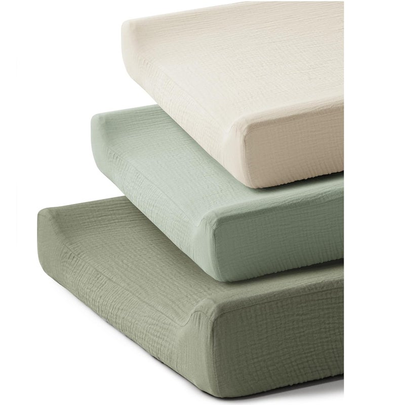 Coreeky 3 Pack Muslin Changing Pad Covers for Girl Boy, 100% Soft Cotton Changing Table Cover, Breathable Baby Nursery Diaper Chang Pad Sheets (Pistachio) - Image 1